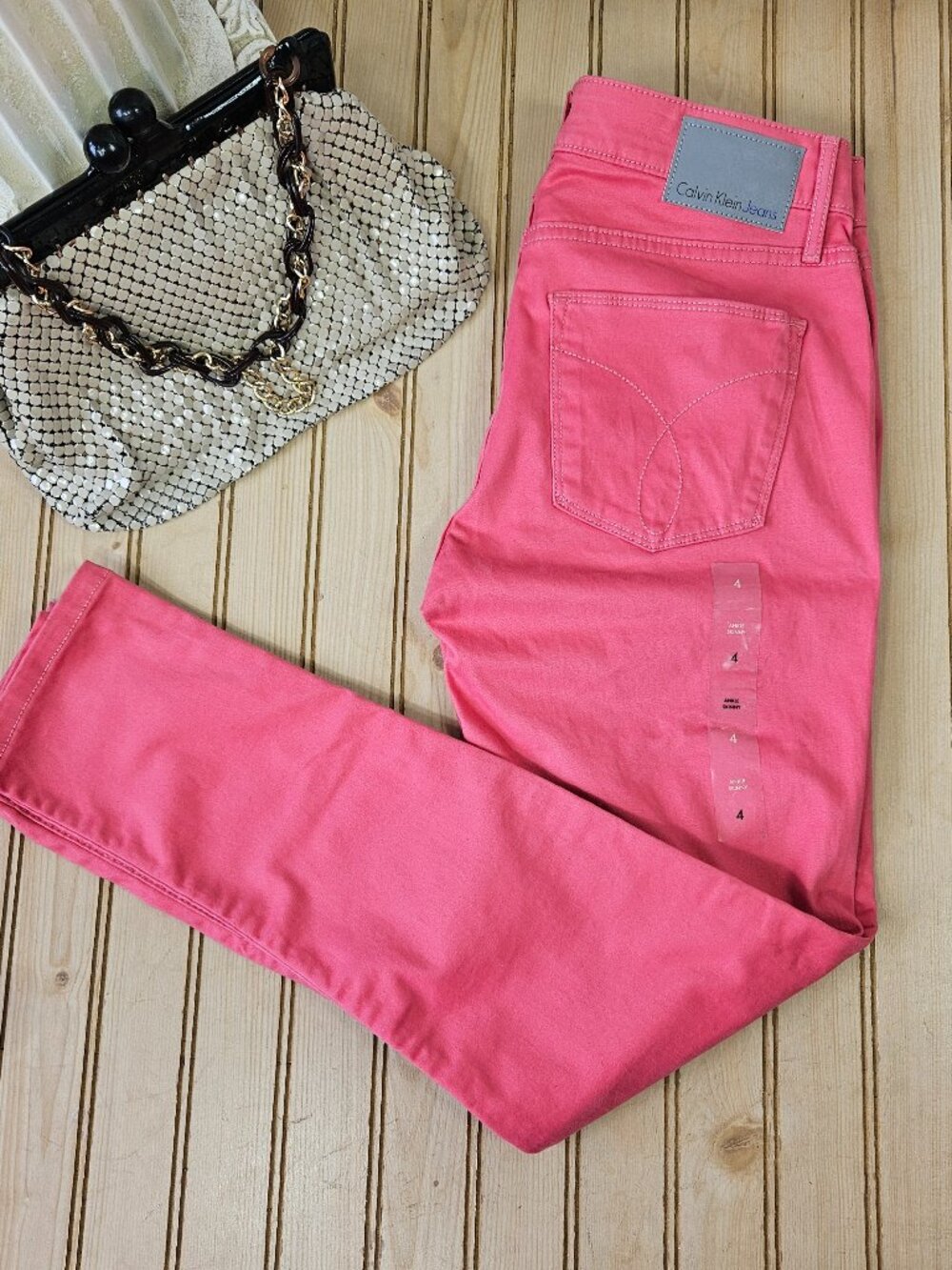 NWOT Calvin Klein Size 4 Coral Pink Flocked Ankle Skinny Jeans Mid Rise Stretch